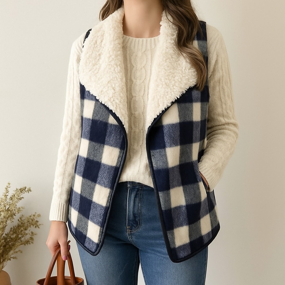 Womens M Buffalo Plaid Sherpa Vest Open Front Cozycore Layering Winter Preppy‎